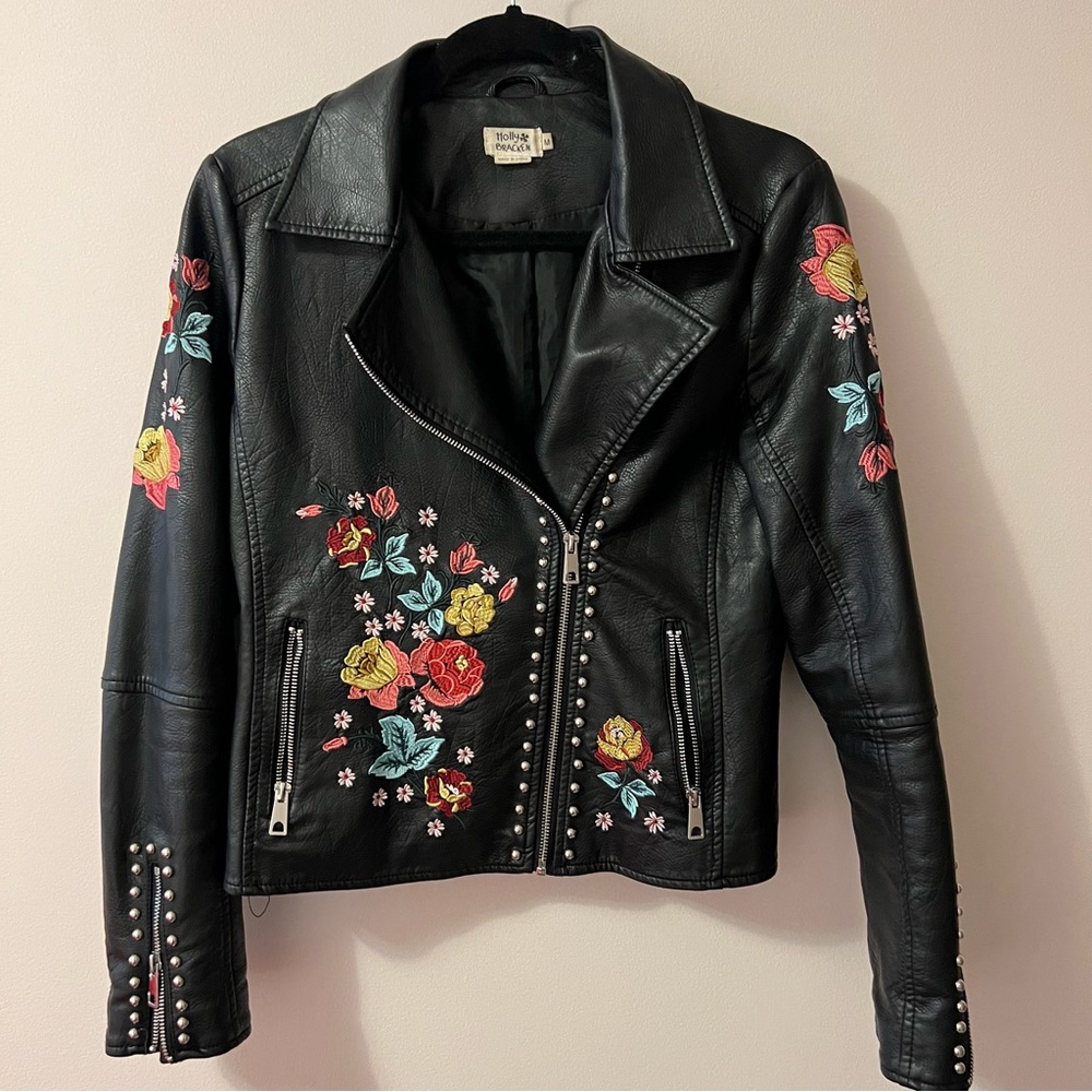 Holly Bracken Moto Faux Leather Jacket - black with floral embroidery - size M - Picture 2 of 9